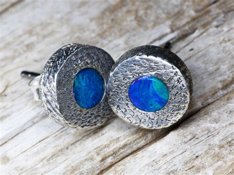 Opal Round Earrings Stud Argent Sterling Australien Robuste Bleu Fonc