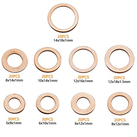 200 Pcs Solid Copper Washers Sump Plug Seal Set Assorted Kit With Box 9