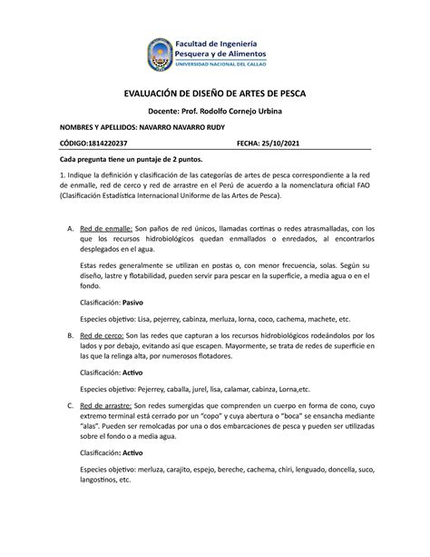 Evaluación DE Diseño DE Artes DE Pesca Evaluación Parcial 25 10 2021