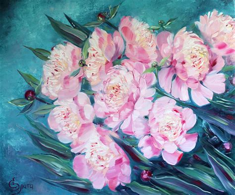 Painting Pink peonies Wall Art, Painting with peonies of pink and emerald colors, Bridal bouquet ...