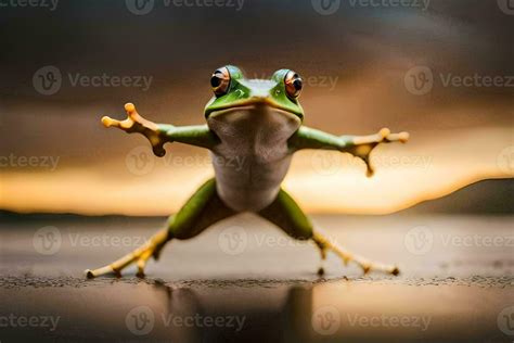 a frog standing on its hind legs with its arms outstretched. AI ...