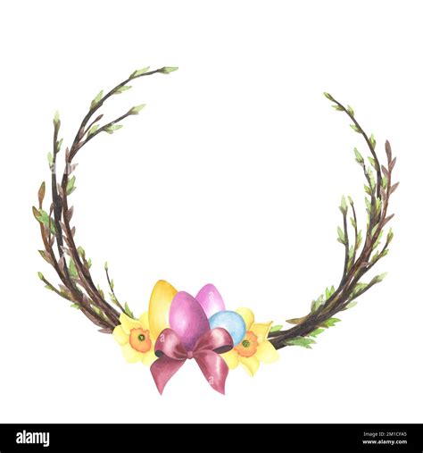 Willow Wreath Watercolor With Spring Twigs Colored Eggs Daffodil Red