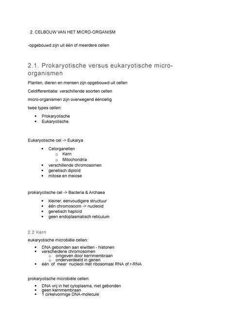 Samenvatting Microbiologie Hoofdstuk Celbouw Van Het Micro