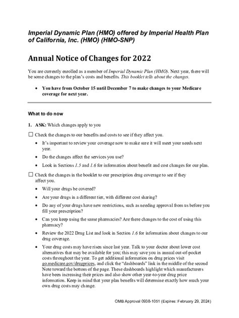 Fillable Online Imperial Dual Plan HMO D SNP Annual Notice Of Changes