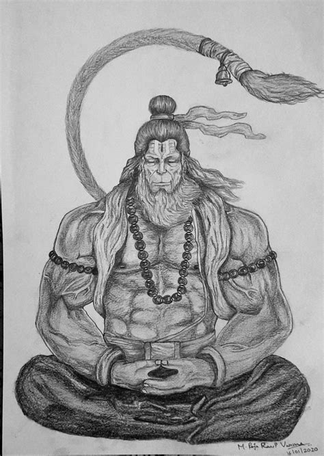 Hanuman Meditation Pencil Sketch M Raja Ravi Varma Pencil Sketch