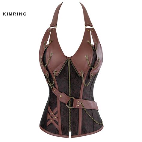 Kimring Brown Brocade Steampunk Corset Vintage Gothic Steel Boned