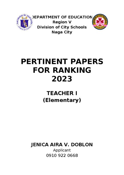 Pertinent Papers FOR Ranking School Division Office DEPARTMENT OF