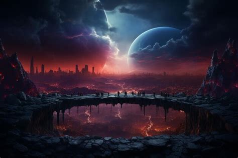 Premium Ai Image Futuristic Landscape With A Lake And A Planet In The