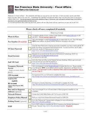 Fillable Online Fiscaff Sfsu New Employee Checklist Fiscal Affairs