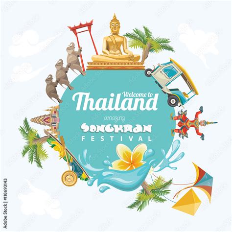 Songkran Festival in Thailand. Thai holidays. Cartoon Vector illustration Stock Vector | Adobe Stock