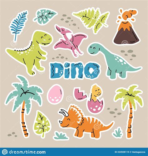 Conjunto De Cartografia De Dinossauro Adesivo Plantas De Ervas Vulcânicas De Coleções Planas E