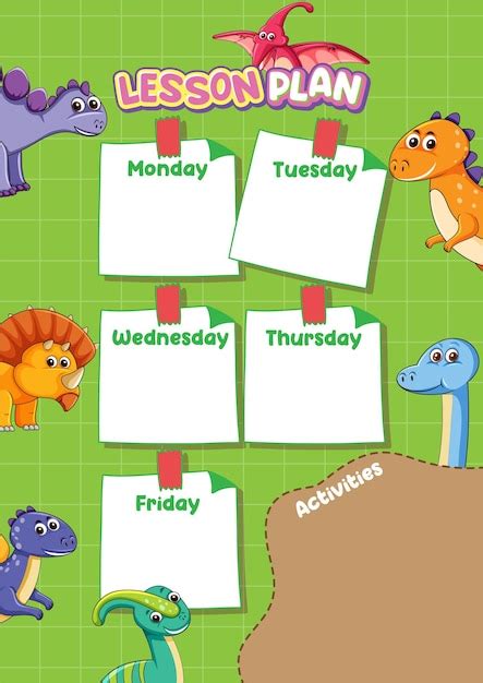 Premium Vector | Dinosaur Cartoon Character Weekly Lesson Plan Template