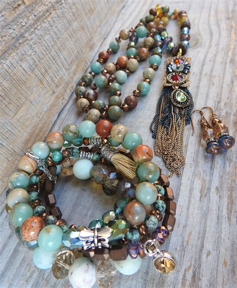 Boho Jewelry Set Tassel Necklace Bracelet Set Gemstone Etsy Boho