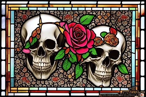 Stained Glass Skulls And Roses Digital Graphic · Creative Fabrica