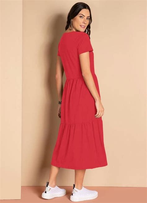 Quintess Vestido Midi Vermelho Babados Mangas Curtas Dresses