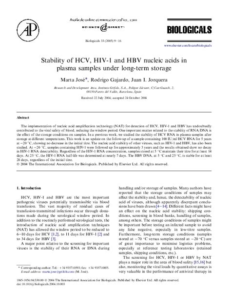 Pdf Stability Of Hcv Hiv1 And Hbv Nucleic Acids In Plasma Samples