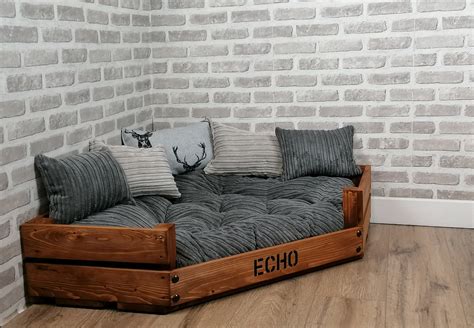 Personalised Rustic Wooden Corner Dog Bed In Grey Jumbo Cord With Matc ...