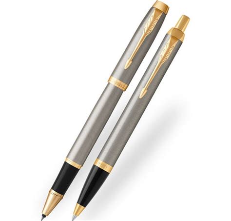 Parker Im Brushed Metal Gold Trim Ballpoint And Rollerball Pen Set Pen