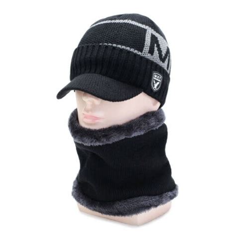 Brand Men Warm Winter Hat Knit Visor Beanie Fleece Grandado