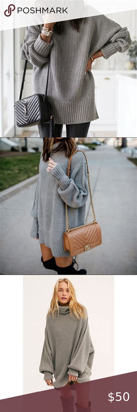 Free People Cocoa Knit Turtleneck Sweater Oversized Grey Sweater