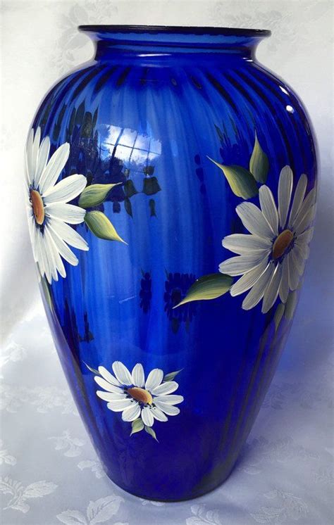 Hand Painted Large Cobalt Blue Vase With Daisies Measures Etsy Art