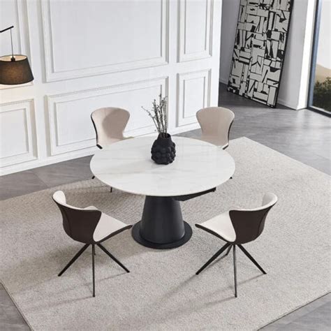 White Sintered Stone Top 135cm Drop Leaf Round Dining Table With Black