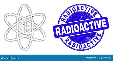 Blue Scratched Radioactive Stamp And Web Mesh Atom Model Stock Vector