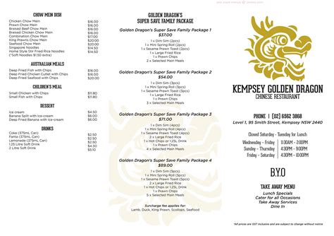 Menu at Kempsey Golden Dragon Chinese Restaurant, Kempsey