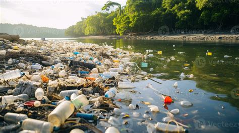 Plastic pollution in river harming aquatic life. Generative AI 29266994