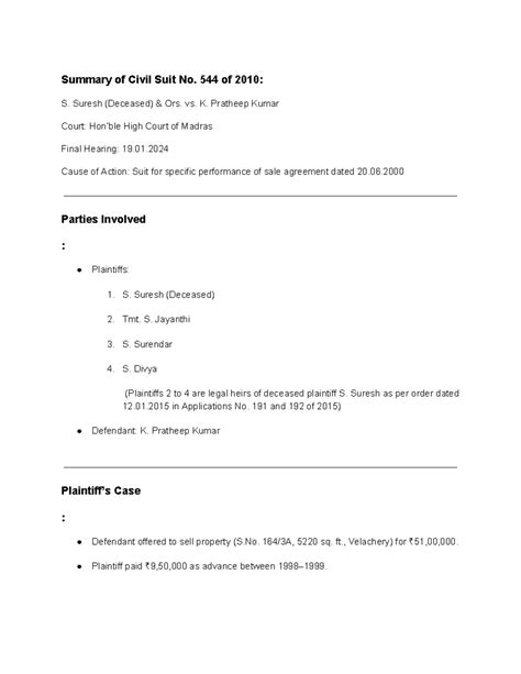 Summary of Civil Suit No. 544 of 2010: S. Suresh vs. K. Pratheep Kumar