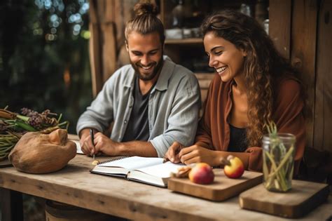 Um Casal Sentado Mesa Um Livro E Uma Jarra De Frutas Ao Fundo