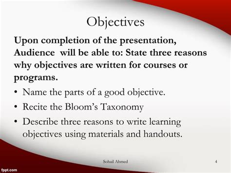 Writing Objectives Using Blooms Taxonomy By Sohail Ahmed Ppt