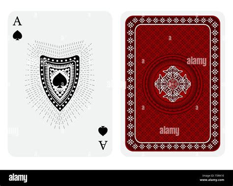 Ace of spades face with spades inside shield and back red-white geometrical texture suit. Vector ...