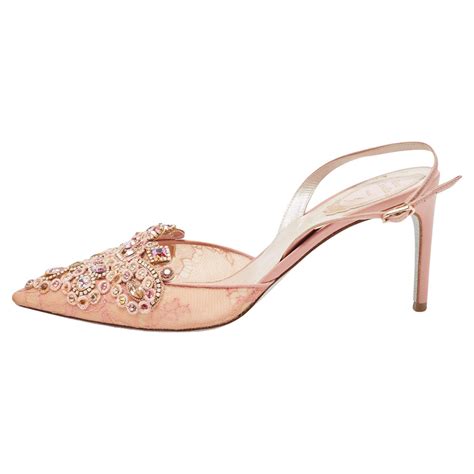 Ren Caovilla Pink Lace And Leather Crystal Embellished Slingback Pumps