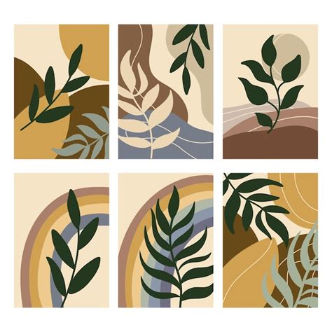 Arte de folhas abstratas conjunto de pôsteres plantas e formas