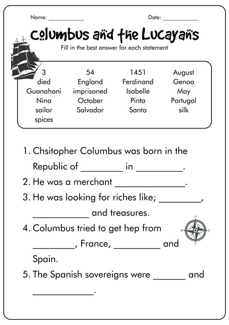 Christopher Columbus Free Worksheets Printable Kids Entertainment