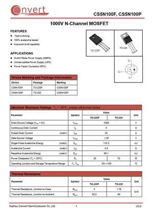 CS5N100P MOSFET Datasheet Equivalente Reemplazo Hoja De