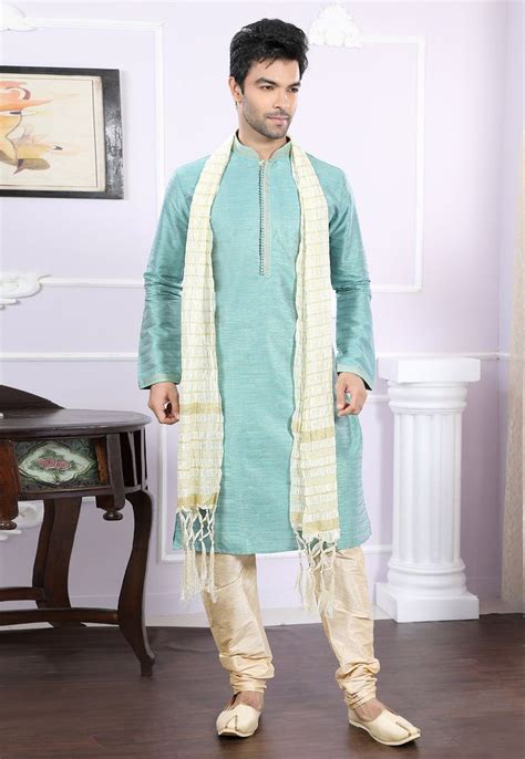 Aqua Art Silk Readymade Kurta Pajama 166437 Business Casual Men How To Wear Teal Colors