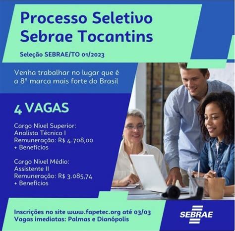 Processo seletivo do Sebrae TO oferece vagas salário de até R 4