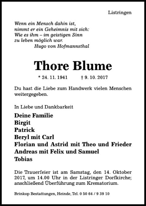 Traueranzeigen Von Thore Blume Trauerportal Hildesheimer Allgemeine