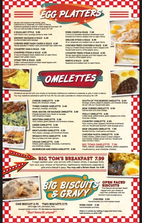 Menu at Big Tom's Diner restaurant, Winter Haven