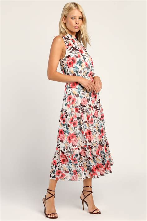 Tiered White Dress Floral Print Dress Sleeveless Midi Dress Lulus