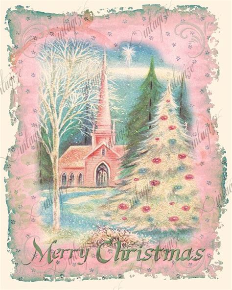 Printable Shabby Chic Christmas Vintage Church Pink Art Print For