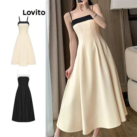 Lovito Women Elegant Plain Colorblock Fabric Stitching Dress L65ed171