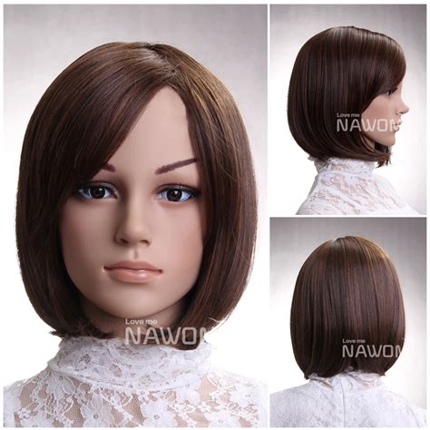 Hot Sale Synthetic Fiber Side Swept Bang Brown Neck Length Hairstyle Straight Bob Women Wigs