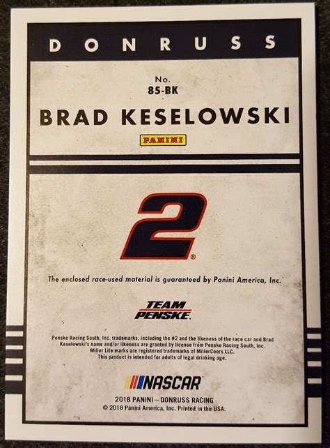 2018 DONRUSS NASCAR RACING RETRO BRAD KESELOWSKI RACE USED FIRESUIT