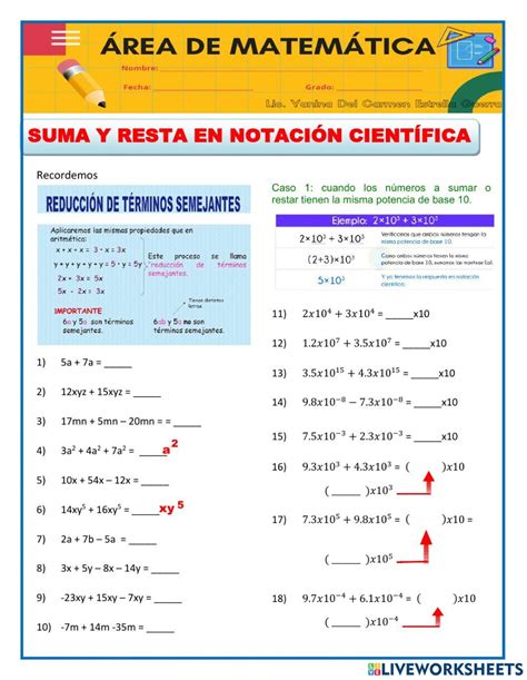 Suma Y Resta En Notaci N Cient Fica Worksheet Notacion Cientifica