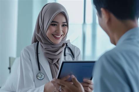 Médica asiática sonriente en hijab mostrando la pantalla de la tableta