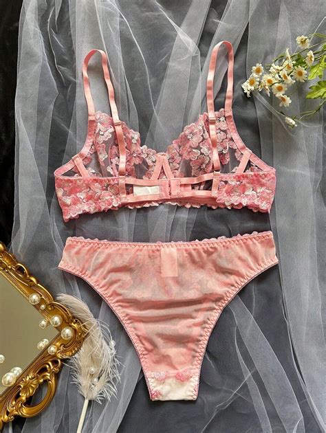 Sexy Lingerie Set For Women Floral Embroidery Mesh Sheer Two Piece Bra