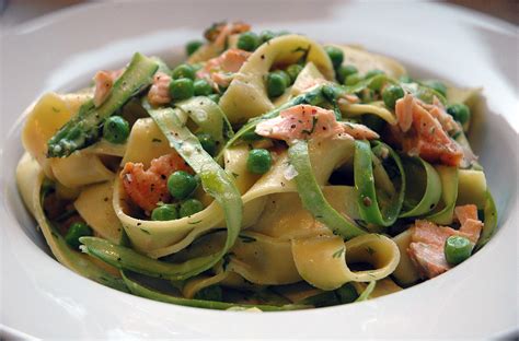 Salmon with pappardelle, asparagus, and peas : r/tonightsdinner